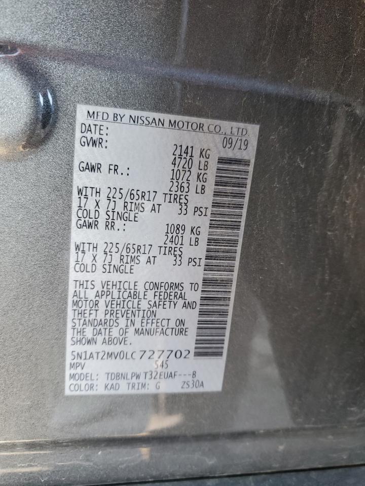2020 Nissan Rogue VIN 5N1AT2MV0LC727702 Copart auction photo, front end / frame damage damage thumbnail 14