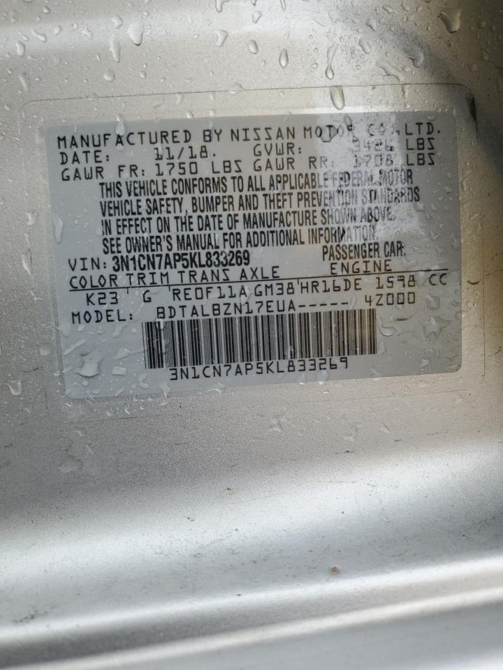 2019 Nissan Versa VIN 3N1CN7AP5KL833269 Copart auction photo, rear end damage thumbnail 13