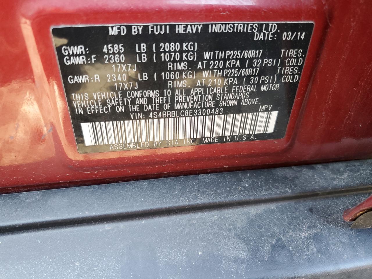 2014 Subaru Outback VIN 4S4BRBLC8E3300483 Copart auction photo, rear end damage thumbnail 14
