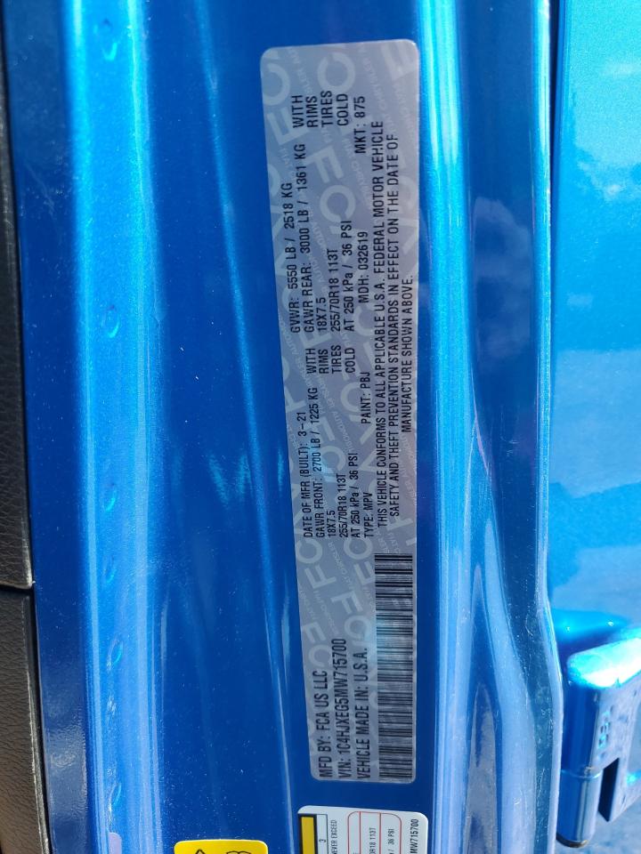 2021 Jeep Wrangler VIN 1C4HJXEG5MW715700 Copart auction photo, frame damage damage thumbnail 13