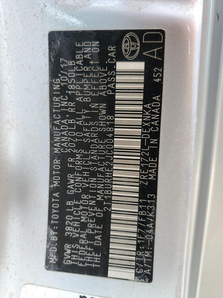 2018 Toyota Corolla VIN 2T1BURHE2JC004818 Copart auction photo, water/flood damage thumbnail 13