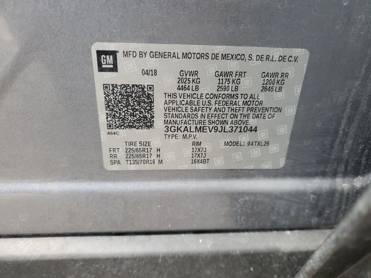2018 GMC Terrain VIN 3GKALMEV9JL371044 Copart auction photo, front end damage thumbnail 13