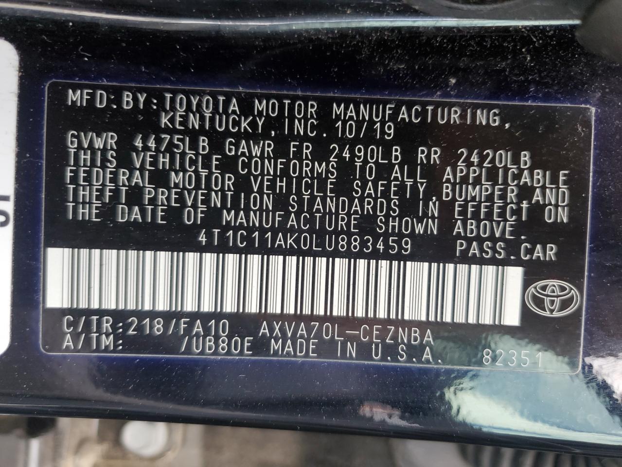 2020 Toyota Camry VIN 4T1C11AK0LU883459 Copart auction photo, front end damage thumbnail 14