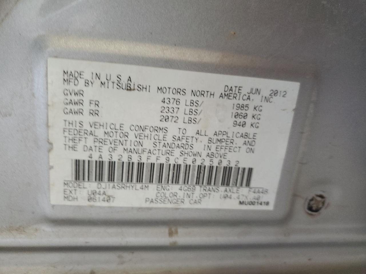 2012 Mitsubishi Galant VIN 4A32B3FF9CE025032 Copart auction photo, all over / hail damage thumbnail 12