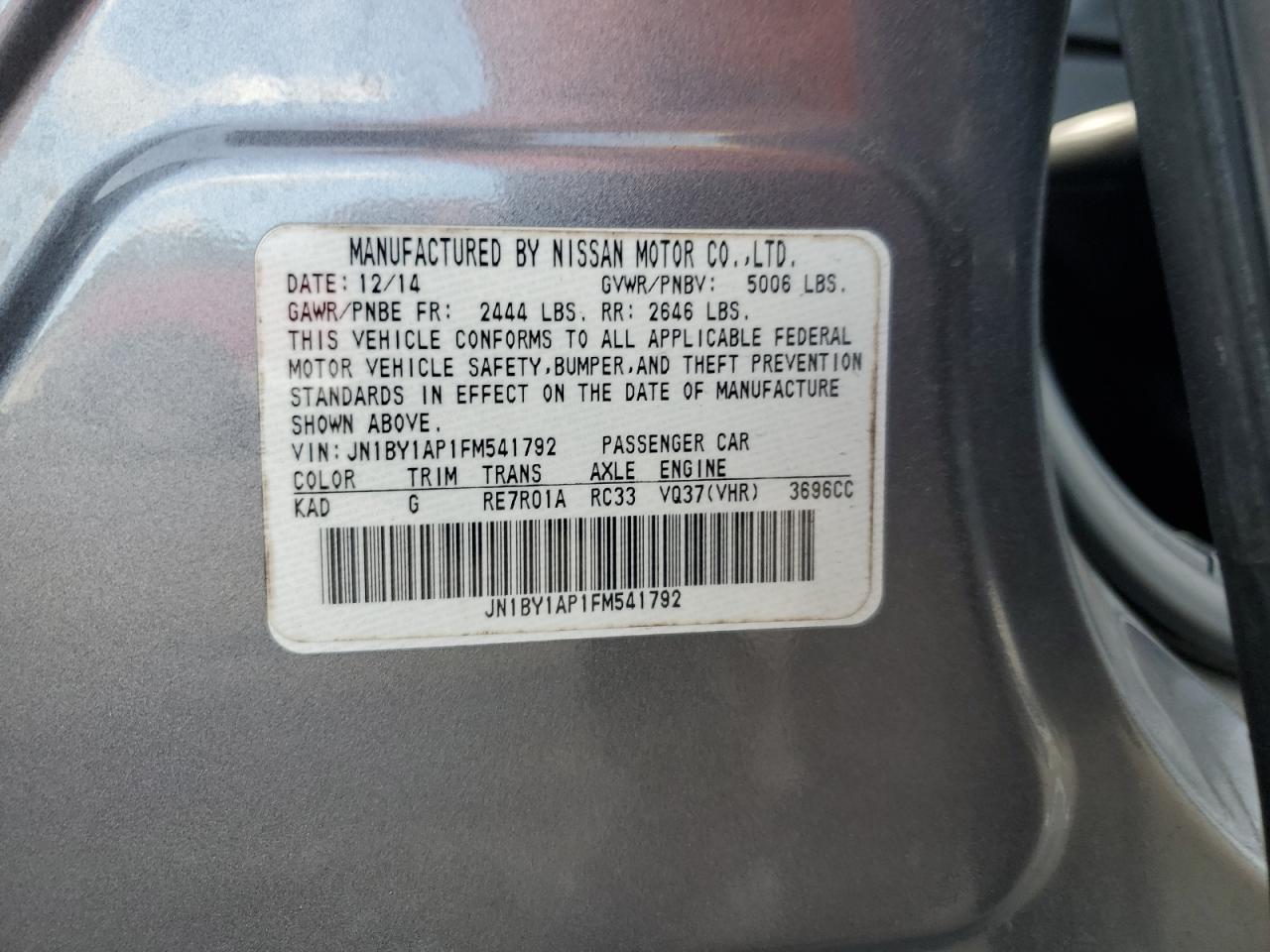 2015 Infiniti Q70 VIN JN1BY1AP1FM541792 Copart auction photo, front end / side damage thumbnail 12