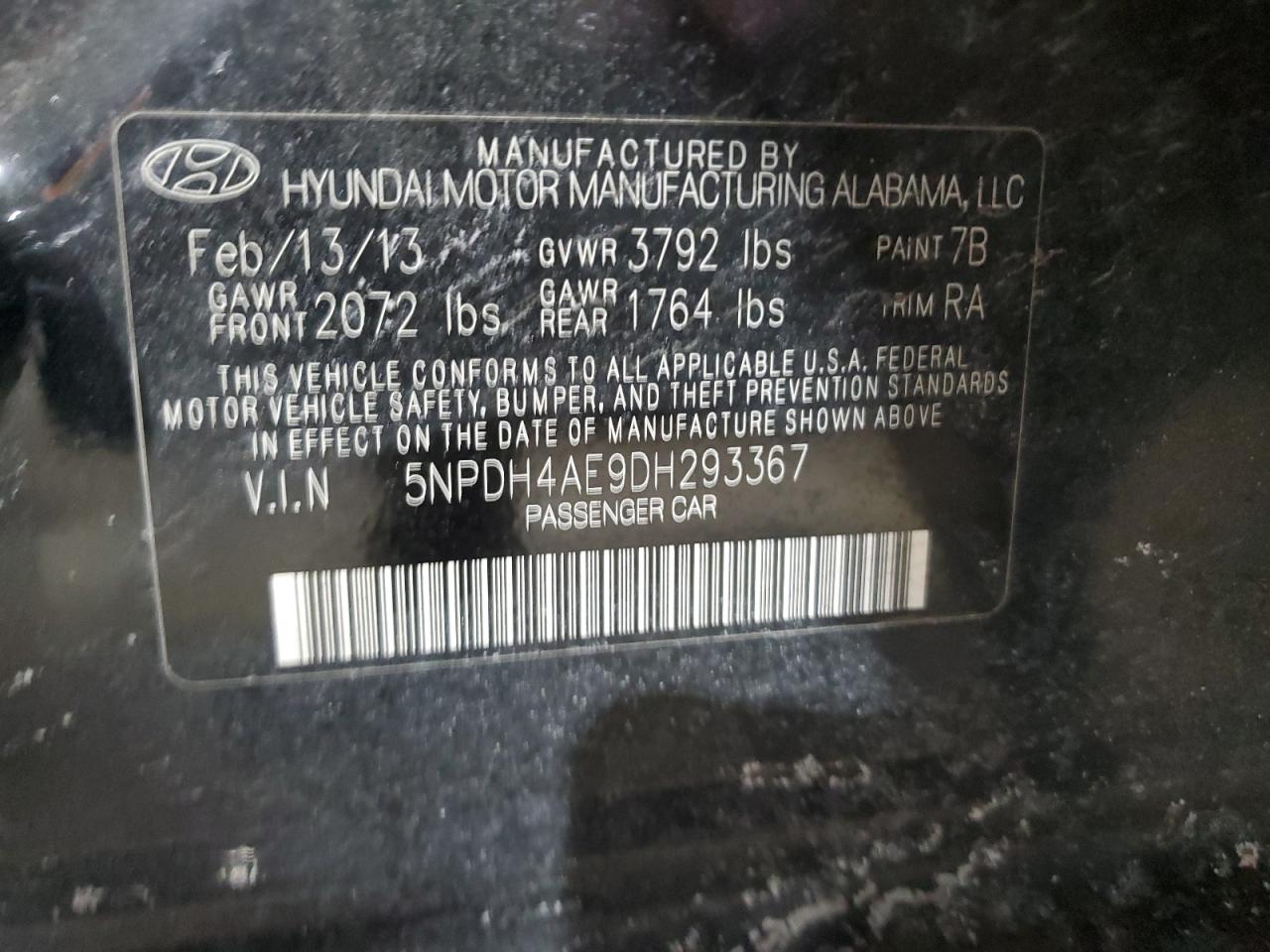 2013 Hyundai Elantra VIN 5NPDH4AE9DH293367 Copart auction photo, front end damage thumbnail 14