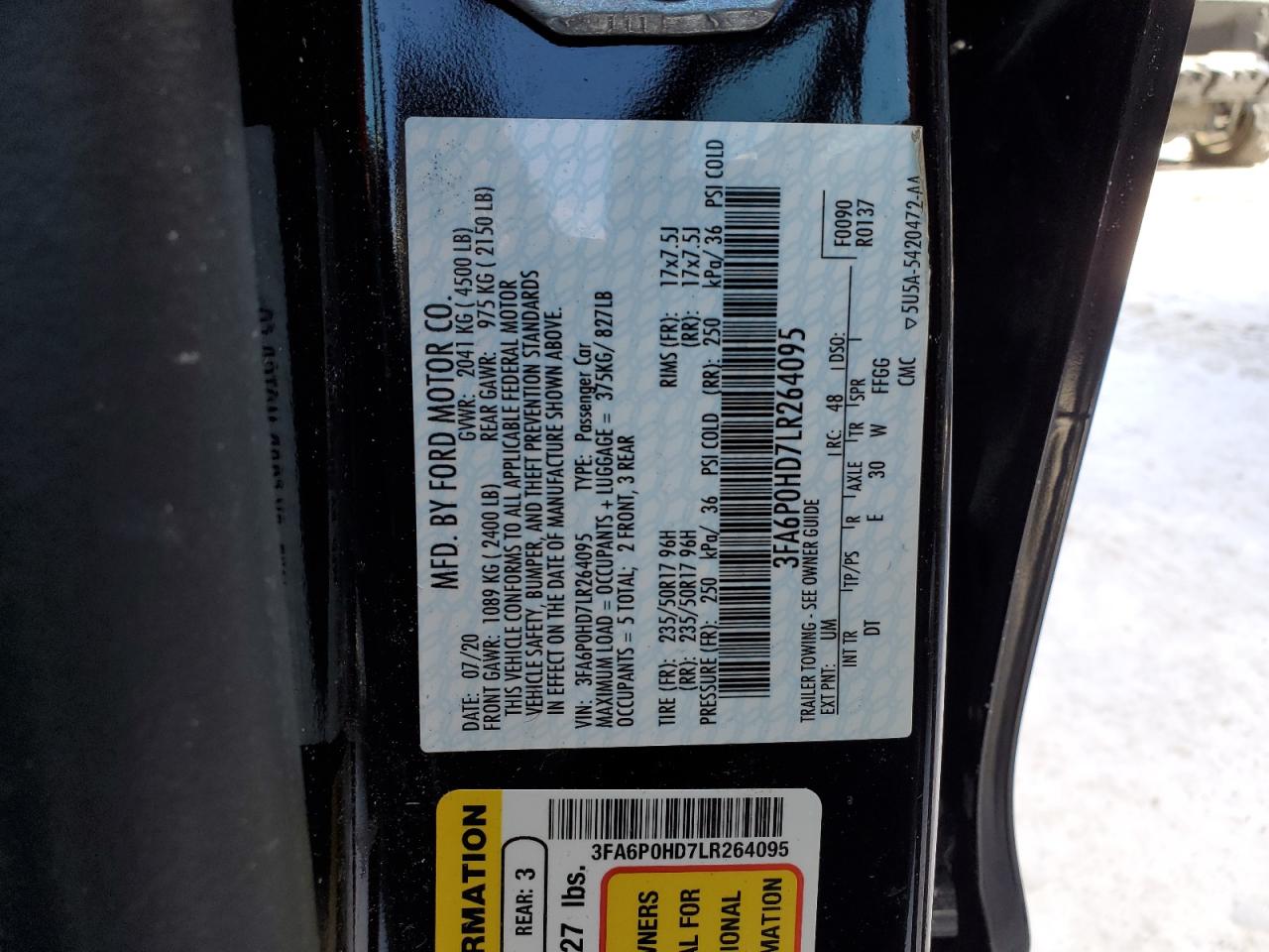 2020 Ford Fusion VIN 3FA6P0HD7LR264095 Copart auction photo, rear end damage thumbnail 12