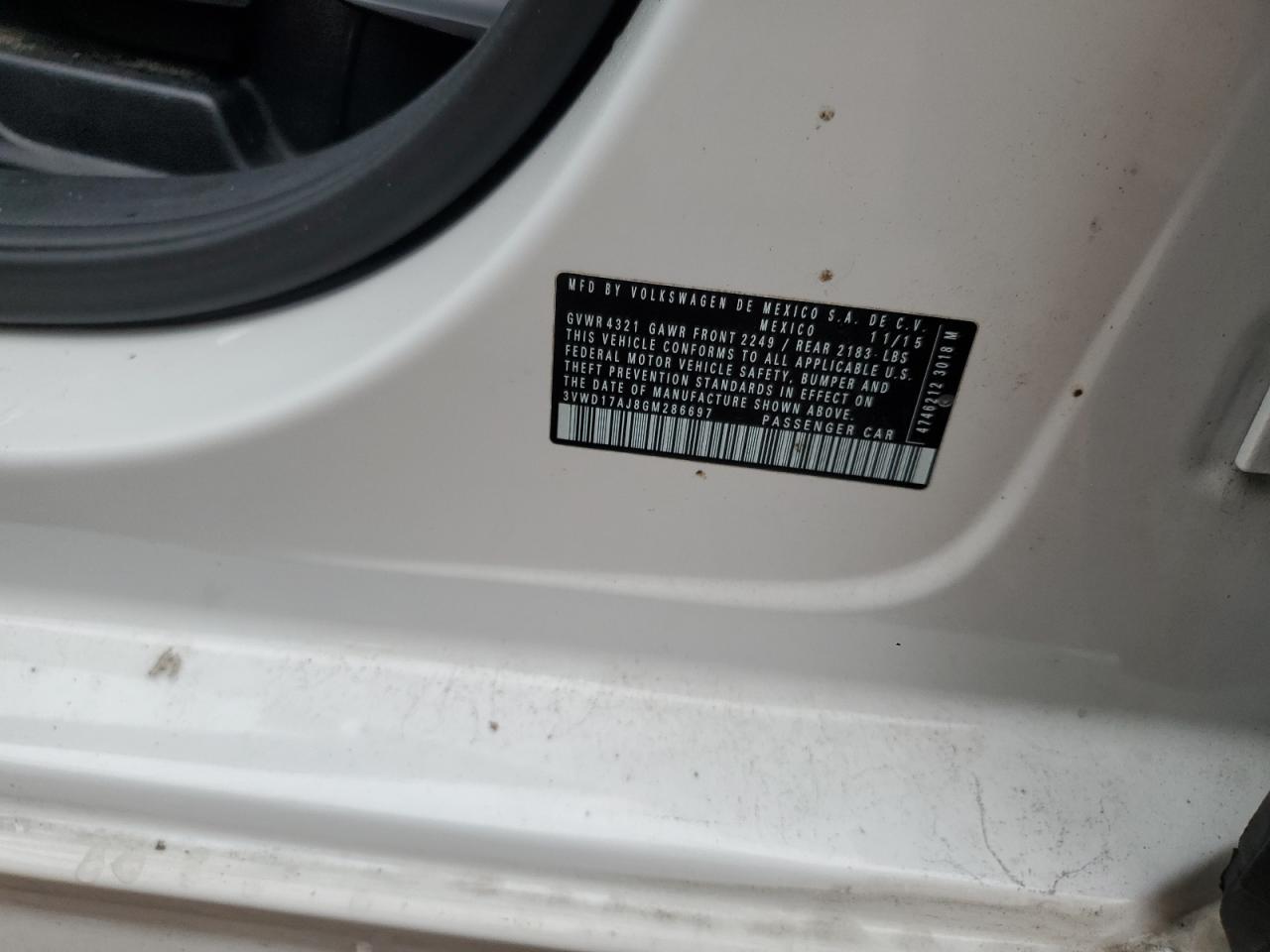 2016 Volkswagen Jetta VIN 3VWD17AJ8GM286697 Copart auction photo, rear end damage thumbnail 12
