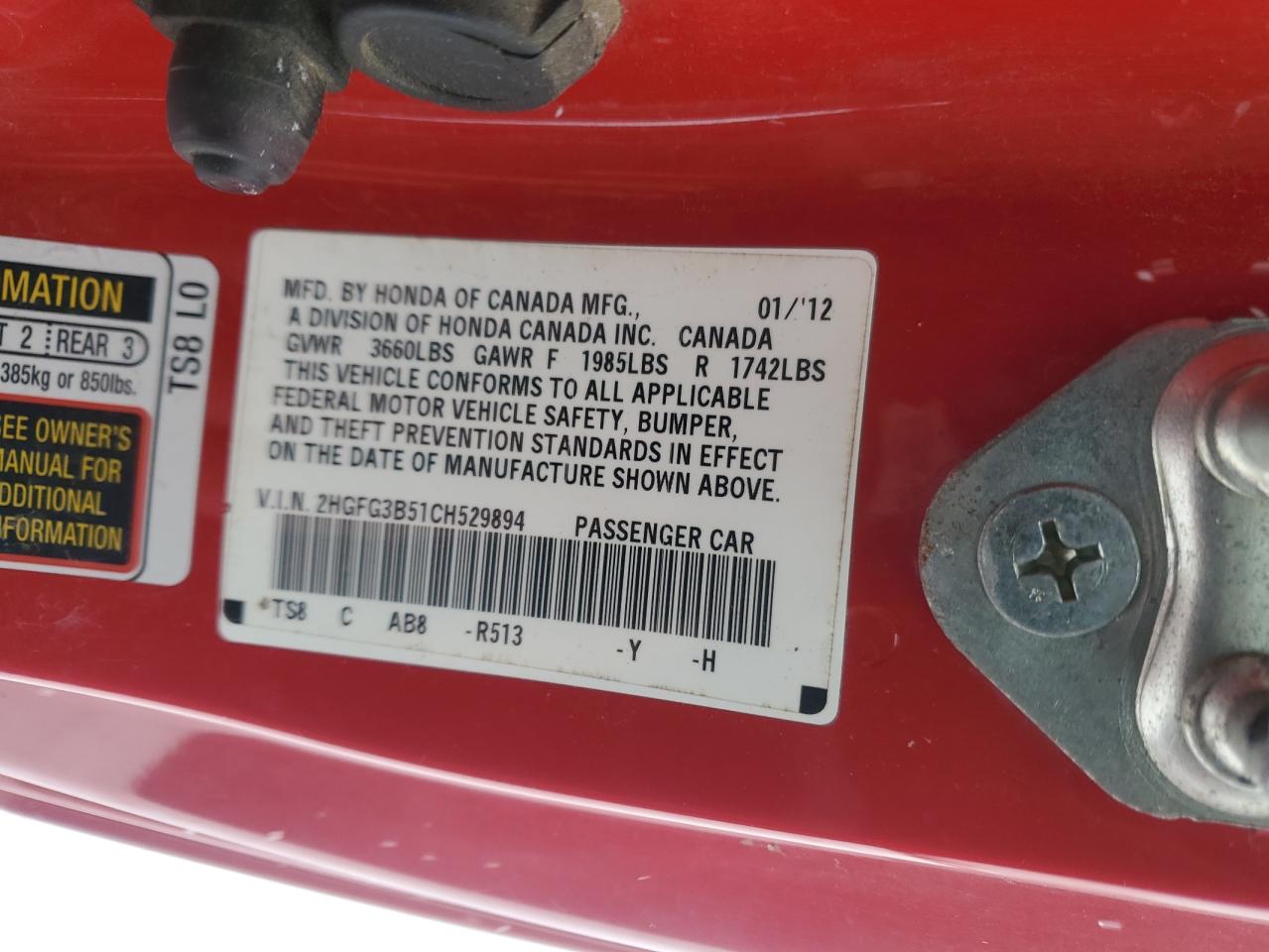 2012 Honda Civic VIN 2HGFG3B51CH529894 Copart auction photo, front end / minor dent/scratches damage thumbnail 12