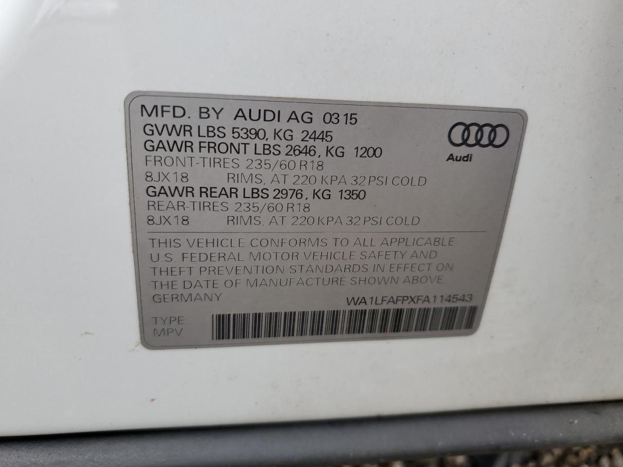 2015 Audi Q5 VIN WA1LFAFPXFA114543 Copart auction photo, front end / side damage thumbnail 16