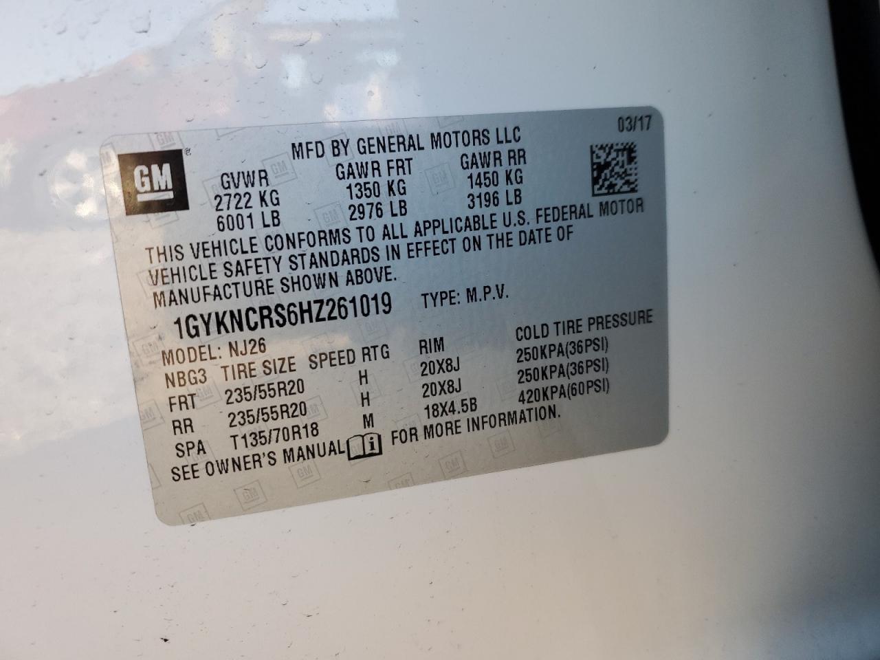 2017 Cadillac XT5 VIN 1GYKNCRS6HZ261019 Copart auction photo, side / minor dent/scratches damage thumbnail 12