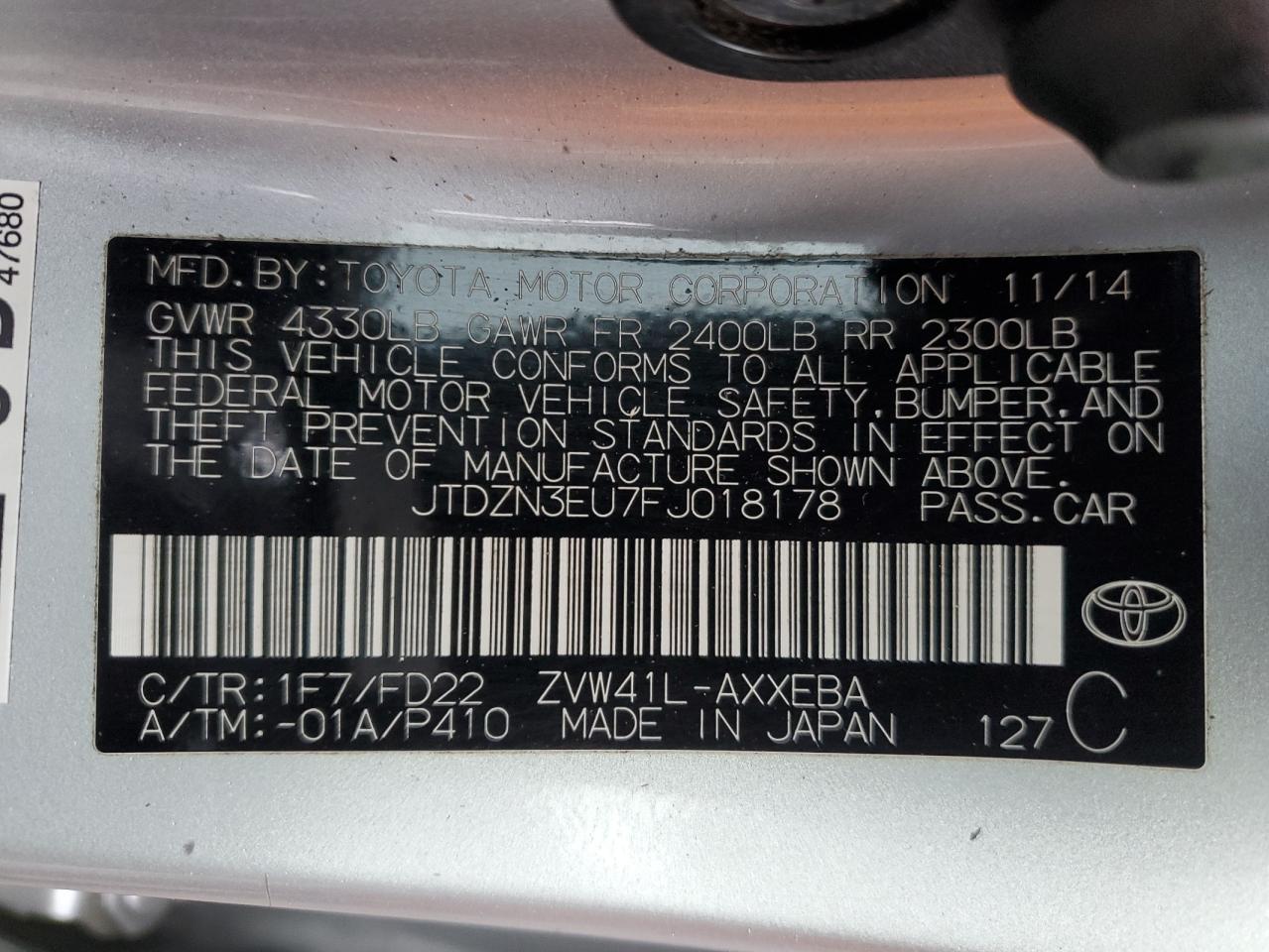 2015 Toyota Prius VIN JTDZN3EU7FJ018178 Copart auction photo, rear end damage thumbnail 12