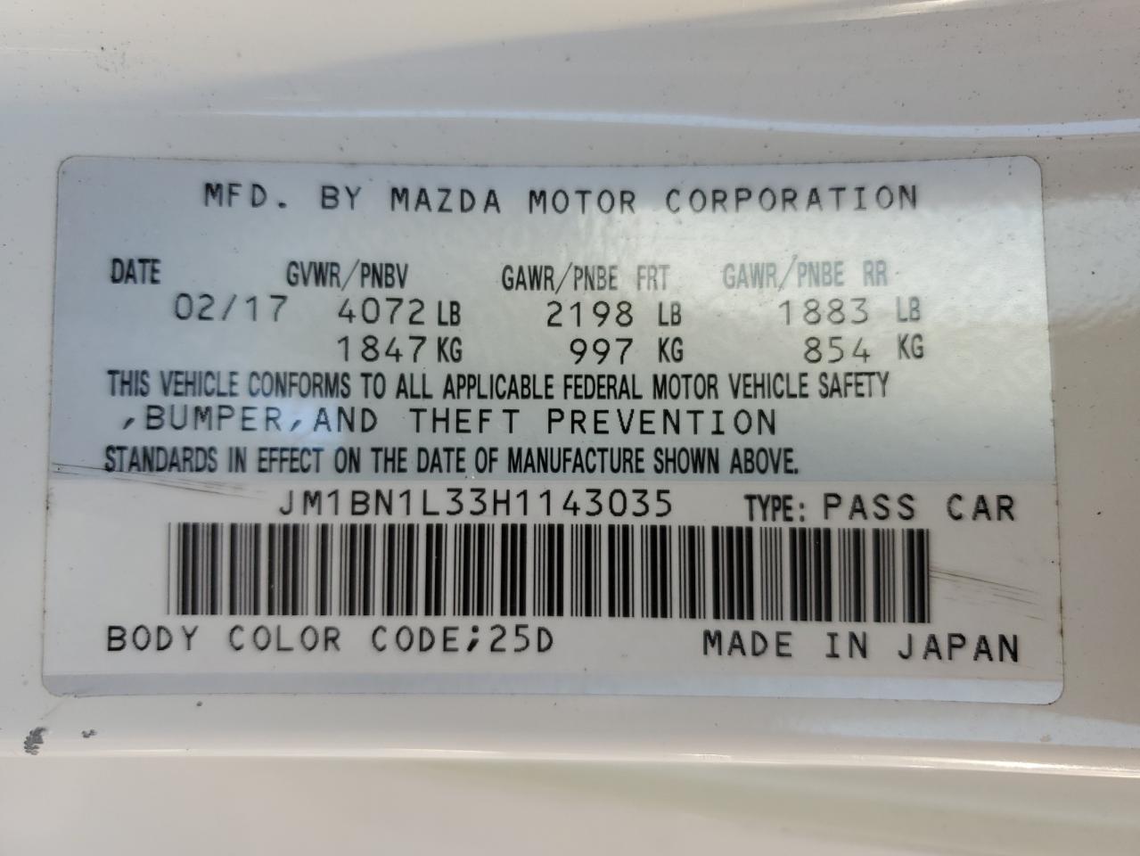 2017 Mazda 3 VIN JM1BN1L33H1143035 Copart auction photo, water/flood damage thumbnail 13