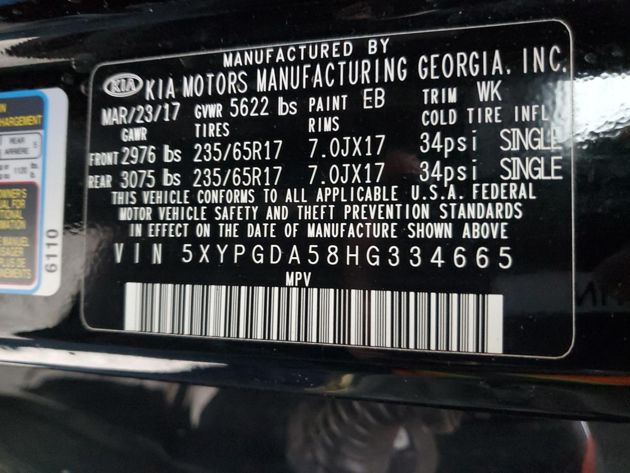 2017 KIA Sorento VIN 5XYPGDA58HG334665 Copart auction photo, all over damage thumbnail 15
