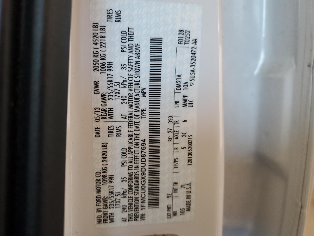 2013 Ford Escape VIN 1FMCU0GX9DUD87694 Copart auction photo, front end / side damage thumbnail 14