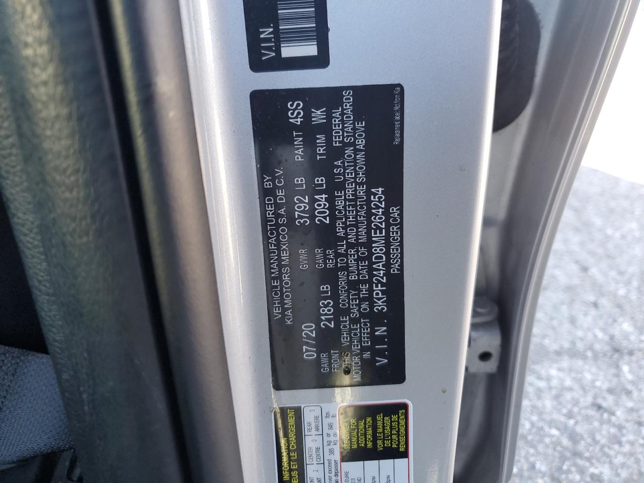 2021 KIA Forte VIN 3KPF24AD8ME264254 Copart auction photo, side / minor dent/scratches damage thumbnail 14