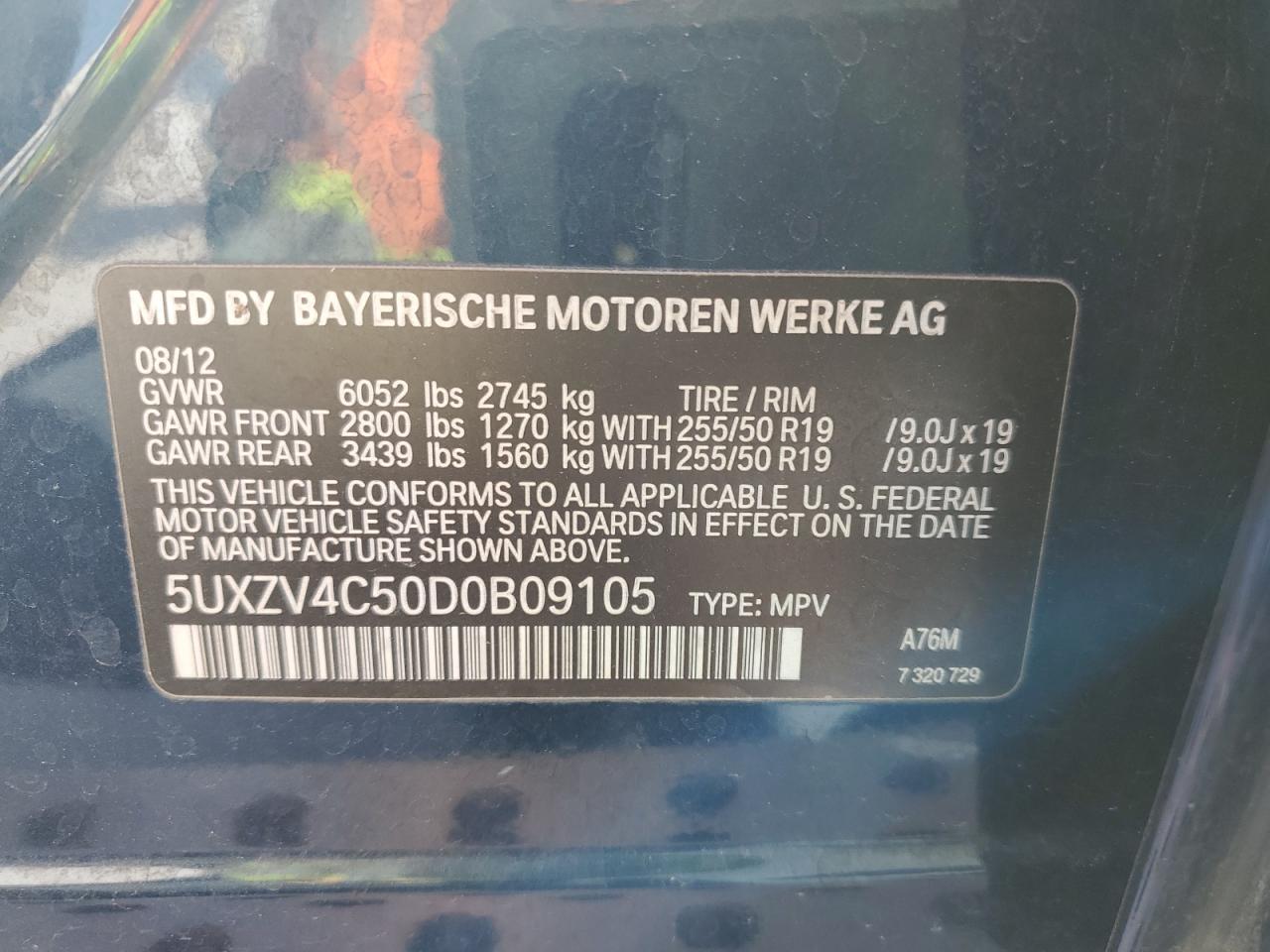 2013 BMW X5 VIN 5UXZV4C50D0B09105 Copart auction photo, rear end damage thumbnail 13