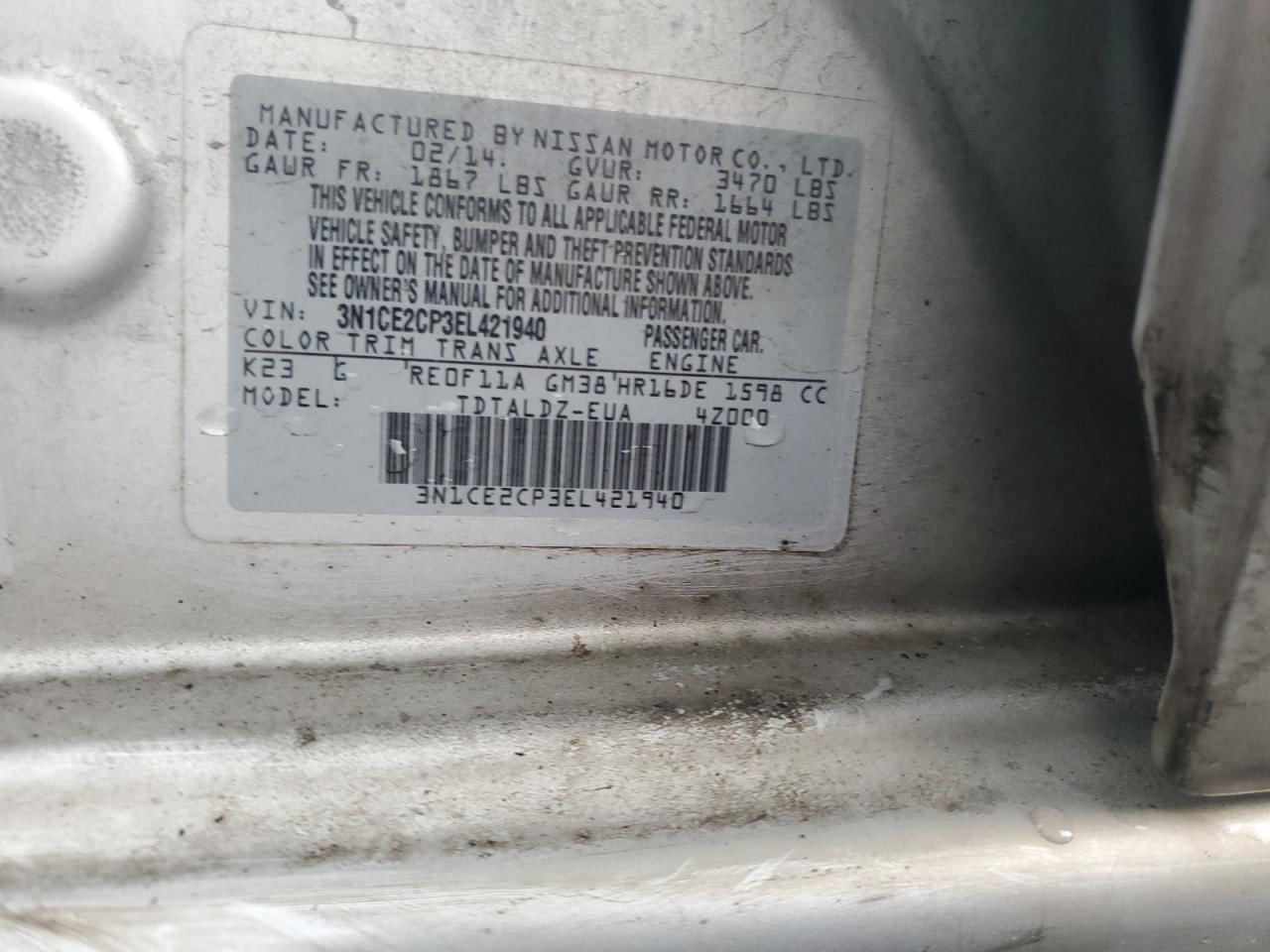 2014 Nissan Versa VIN 3N1CE2CP3EL421940 Copart auction photo, front end damage thumbnail 12