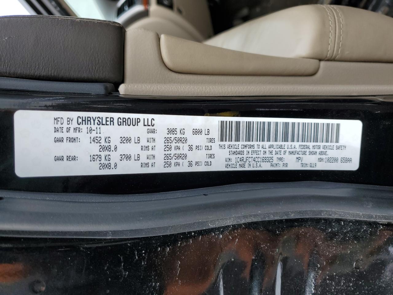 2012 Jeep Grand Cherokee VIN 1C4RJFCT4CC169325 Copart auction photo, front end damage thumbnail 13