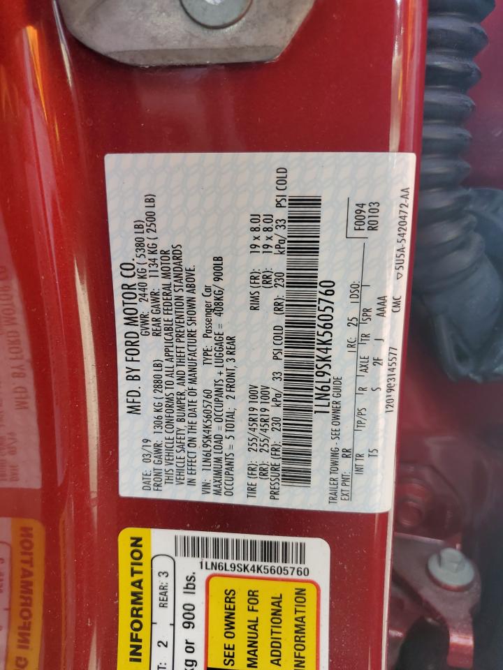 2019 Lincoln Continental VIN 1LN6L9SK4K5605760 Copart auction photo, water/flood damage thumbnail 13