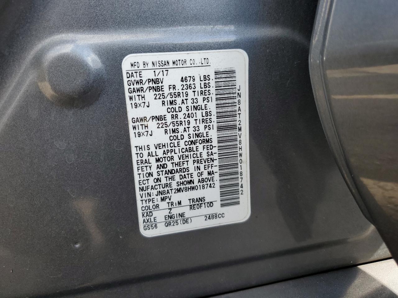 2017 Nissan Rogue VIN JN8AT2MV8HW018742 Copart auction photo, front end / rear end damage thumbnail 14