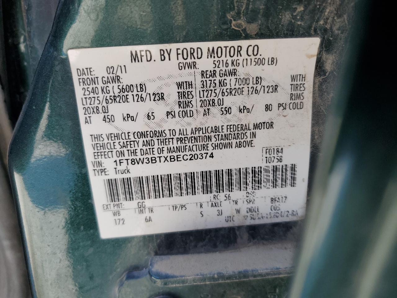 2011 Ford F350 VIN 1FT8W3BTXBEC20374 Copart auction photo, front end / rear end damage thumbnail 13