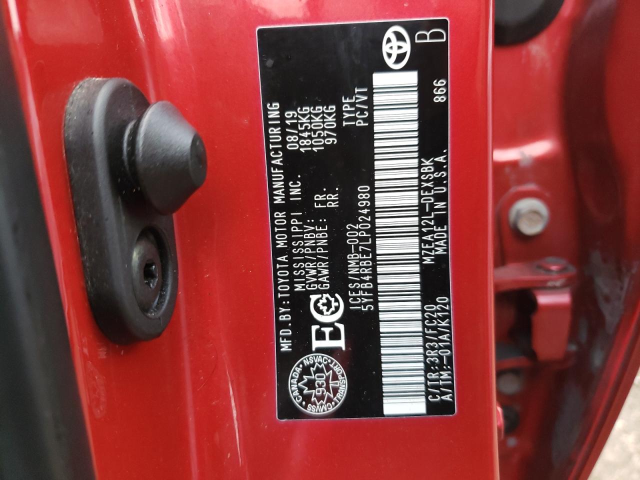 2020 Toyota Corolla VIN 5YFB4RBE7LP024980 Copart auction photo, side damage thumbnail 12