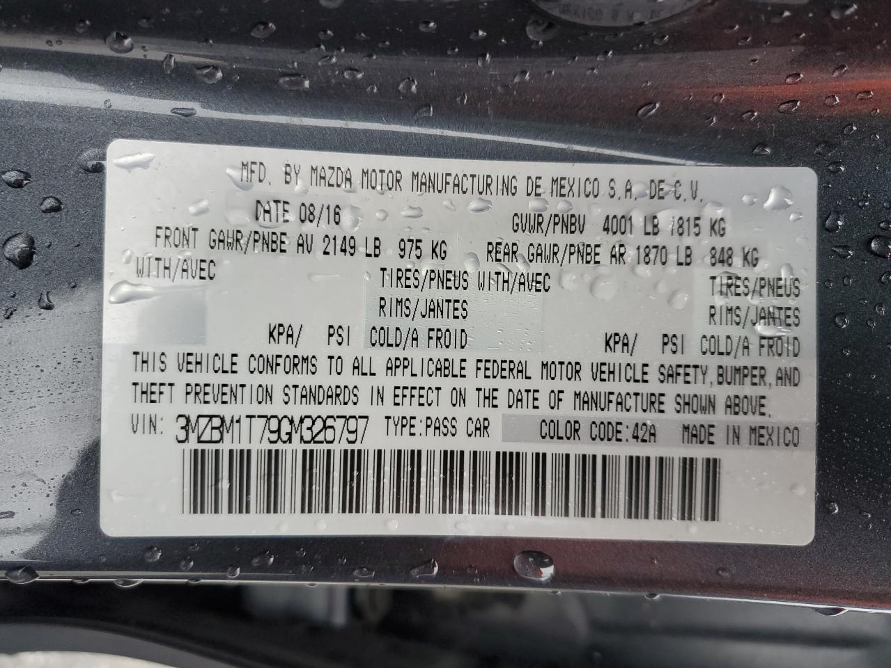 2016 Mazda 3 VIN 3MZBM1T79GM326797 Copart auction photo, rollover / mechanical damage thumbnail 15