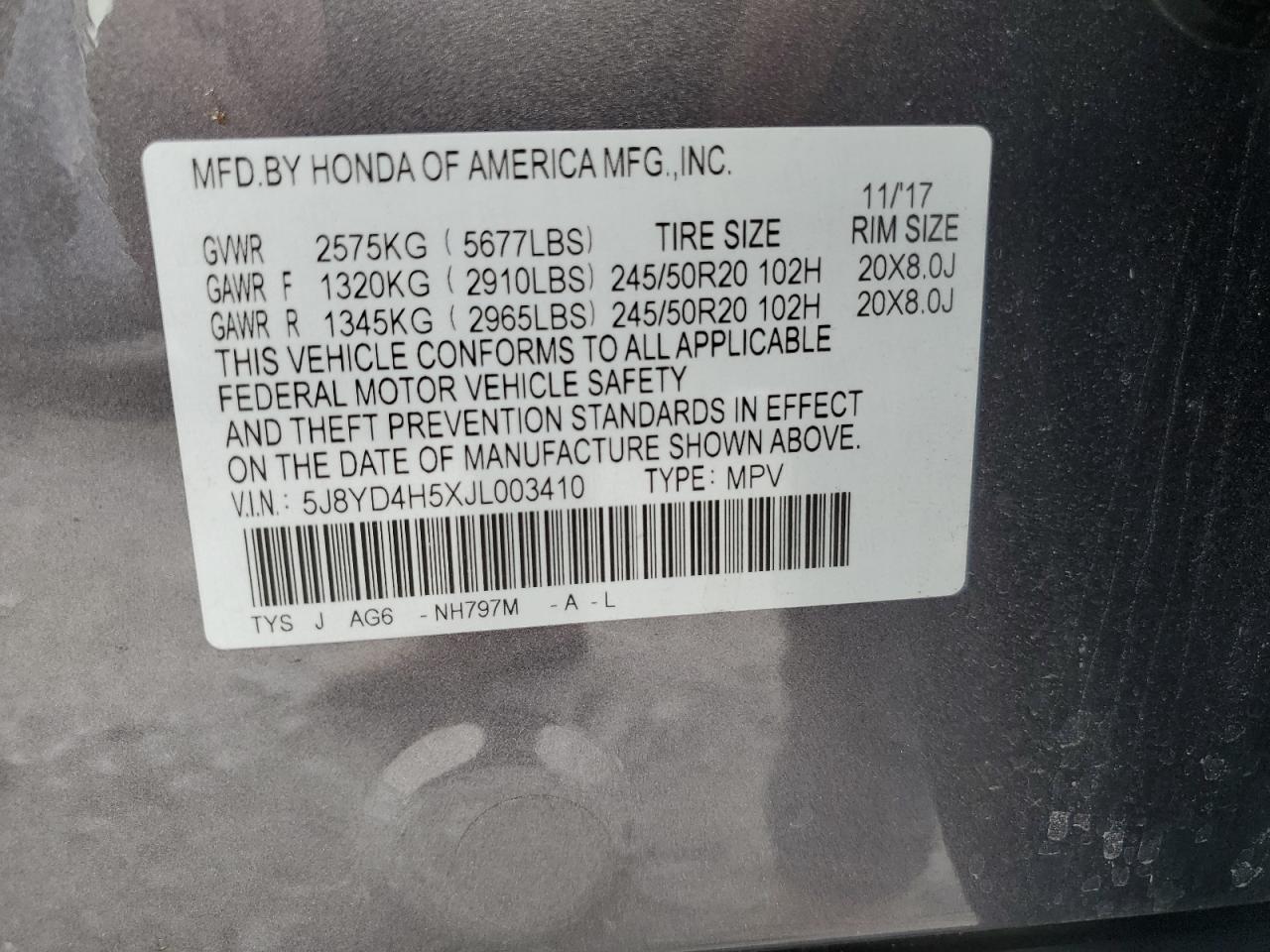 2018 Acura MDX VIN 5J8YD4H5XJL003410 Copart auction photo, front end damage thumbnail 12