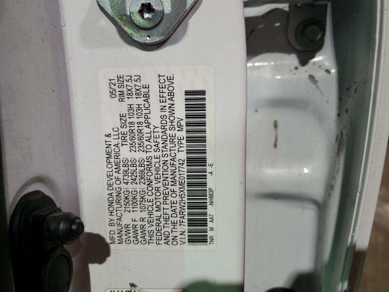 2021 Honda CR-V VIN 7FARW2H5XME017742 Copart auction photo, side / front end damage thumbnail 12