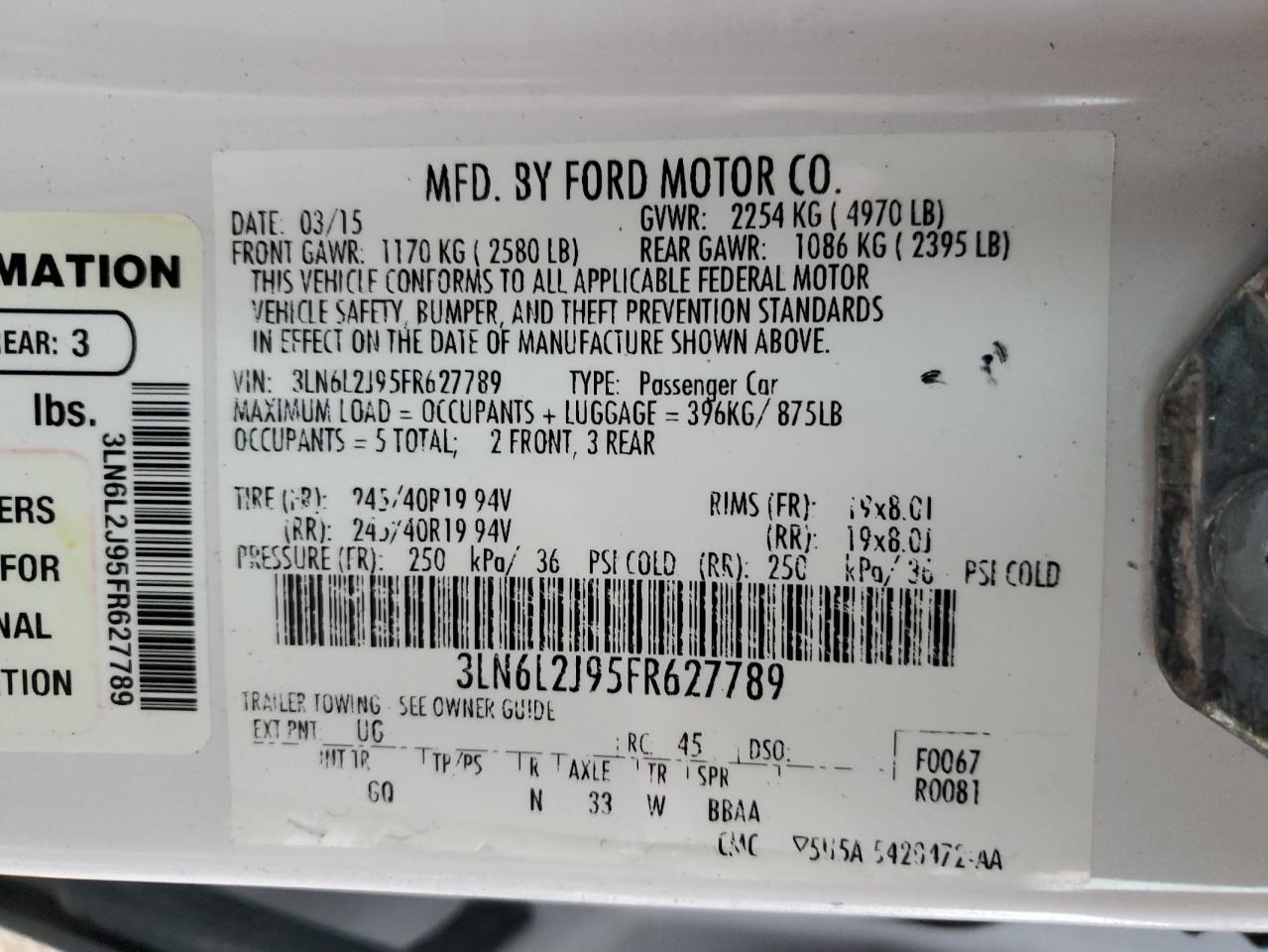 2015 Lincoln MKZ VIN 3LN6L2J95FR627789 Copart auction photo, front end / minor dent/scratches damage thumbnail 13
