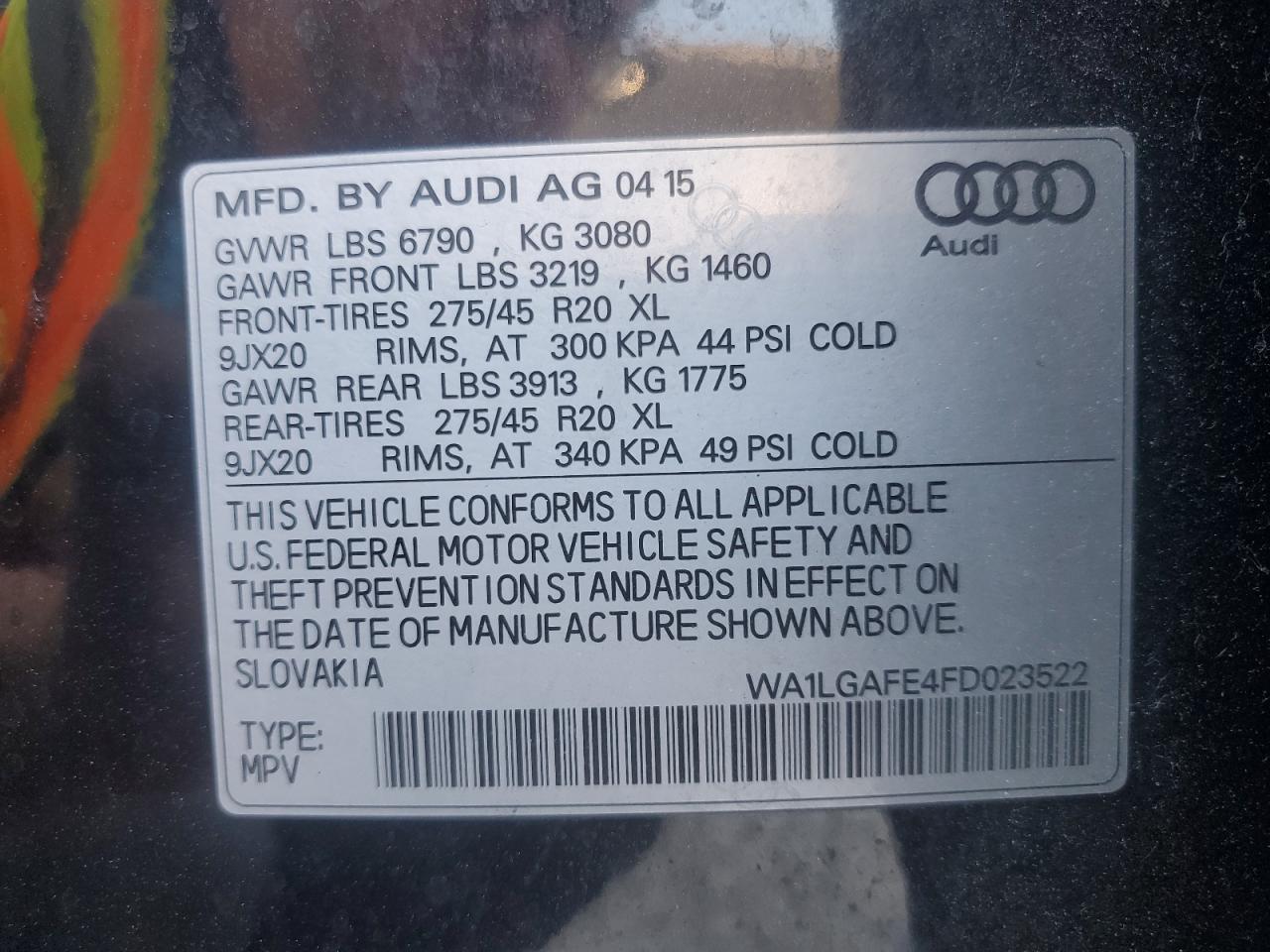 2015 Audi Q7 VIN WA1LGAFE4FD023522 Copart auction photo, front end / side damage thumbnail 14
