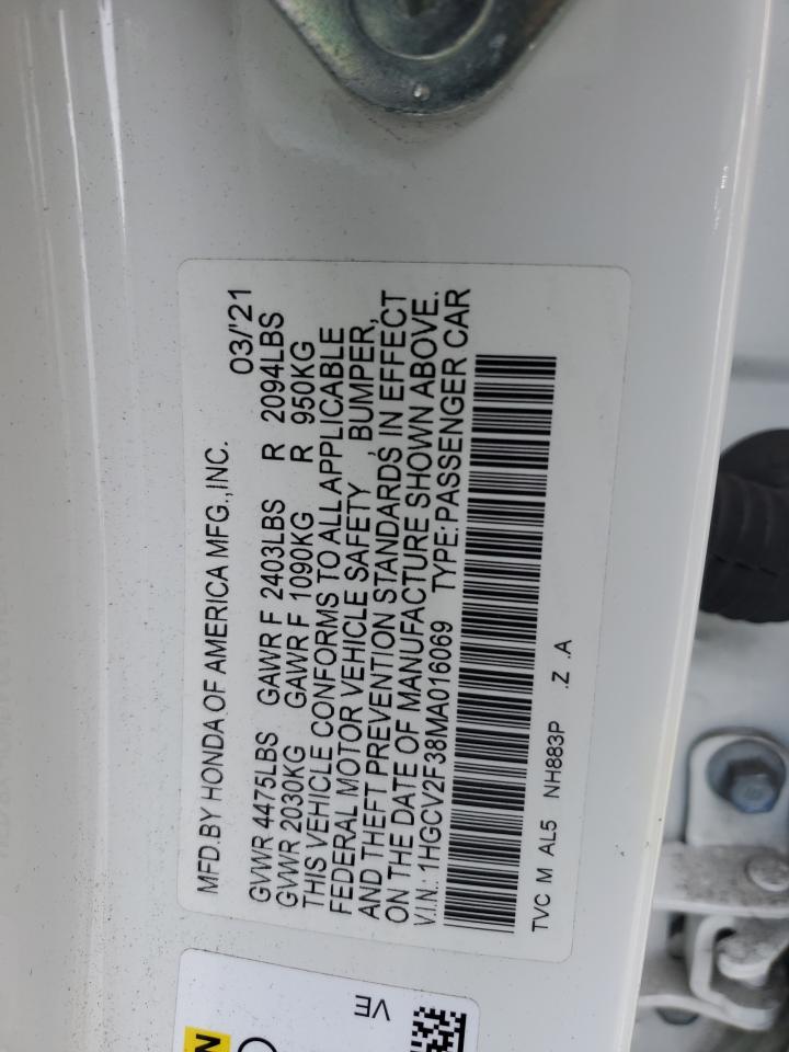 2021 Honda Accord VIN 1HGCV2F38MA016069 Copart auction photo, front end damage thumbnail 14