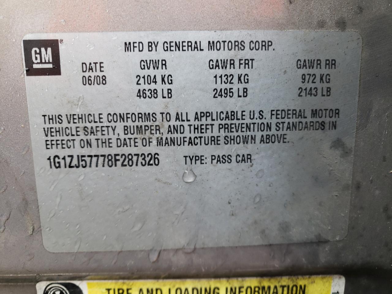 2008 Chevrolet Malibu VIN 1G1ZJ57778F287326 Copart auction photo, front end damage thumbnail 12