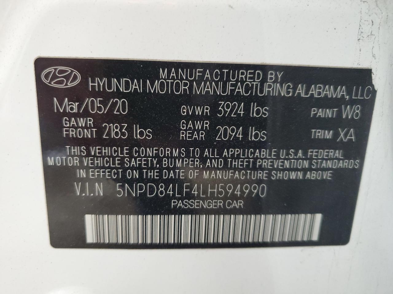 2020 Hyundai Elantra VIN 5NPD84LF4LH594990 Copart auction photo, rear end / minor dent/scratches damage thumbnail 12