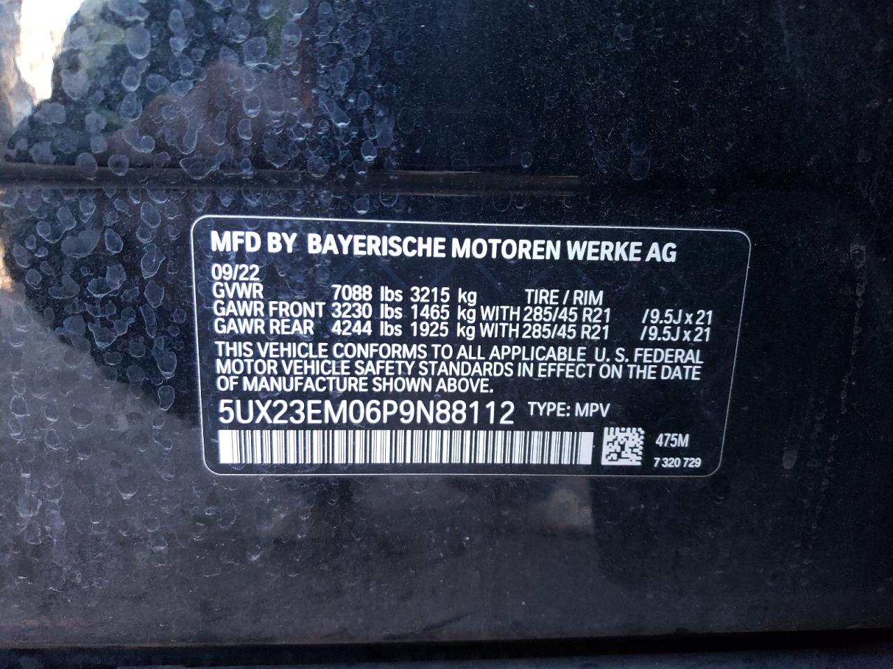 2023 BMW X7 VIN 5UX23EM06P9N88112 Copart auction photo, rear end damage thumbnail 13
