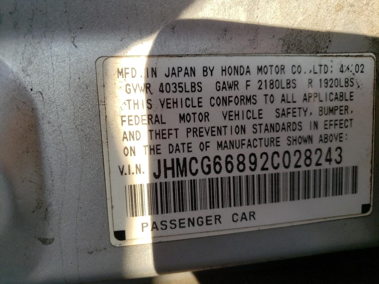2002 Honda Accord VIN JHMCG66892C028243 Copart auction photo, front end / minor dent/scratches damage thumbnail 13