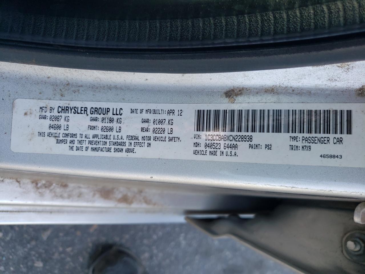 2012 Chrysler 200 VIN 1C3CCBABXCN228938 Copart auction photo, rear end / front end damage thumbnail 12