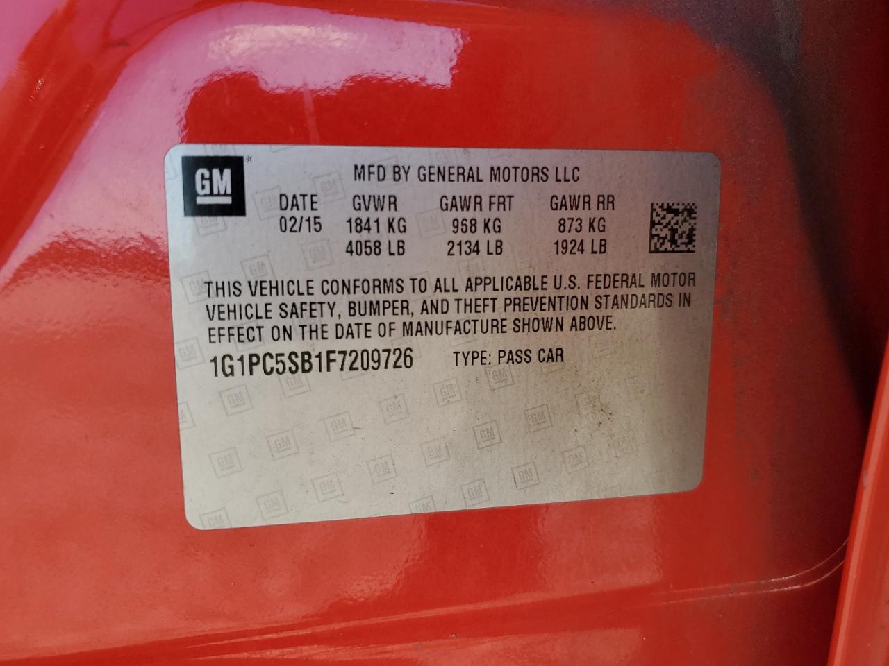 2015 Chevrolet Cruze VIN 1G1PC5SB1F7209726 Copart auction photo, rear end damage thumbnail 14