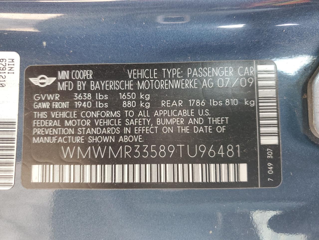 2009 MINI Cooper VIN WMWMR33589TU96481 Copart auction photo, normal wear / minor dent/scratches damage thumbnail 12