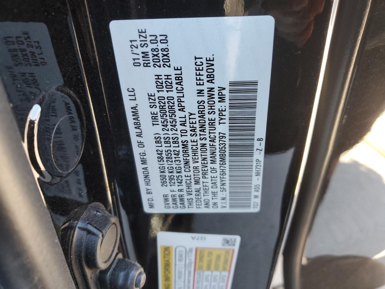 2021 Honda Pilot VIN 5FNYF6H76MB053797 Copart auction photo, front end damage thumbnail 14