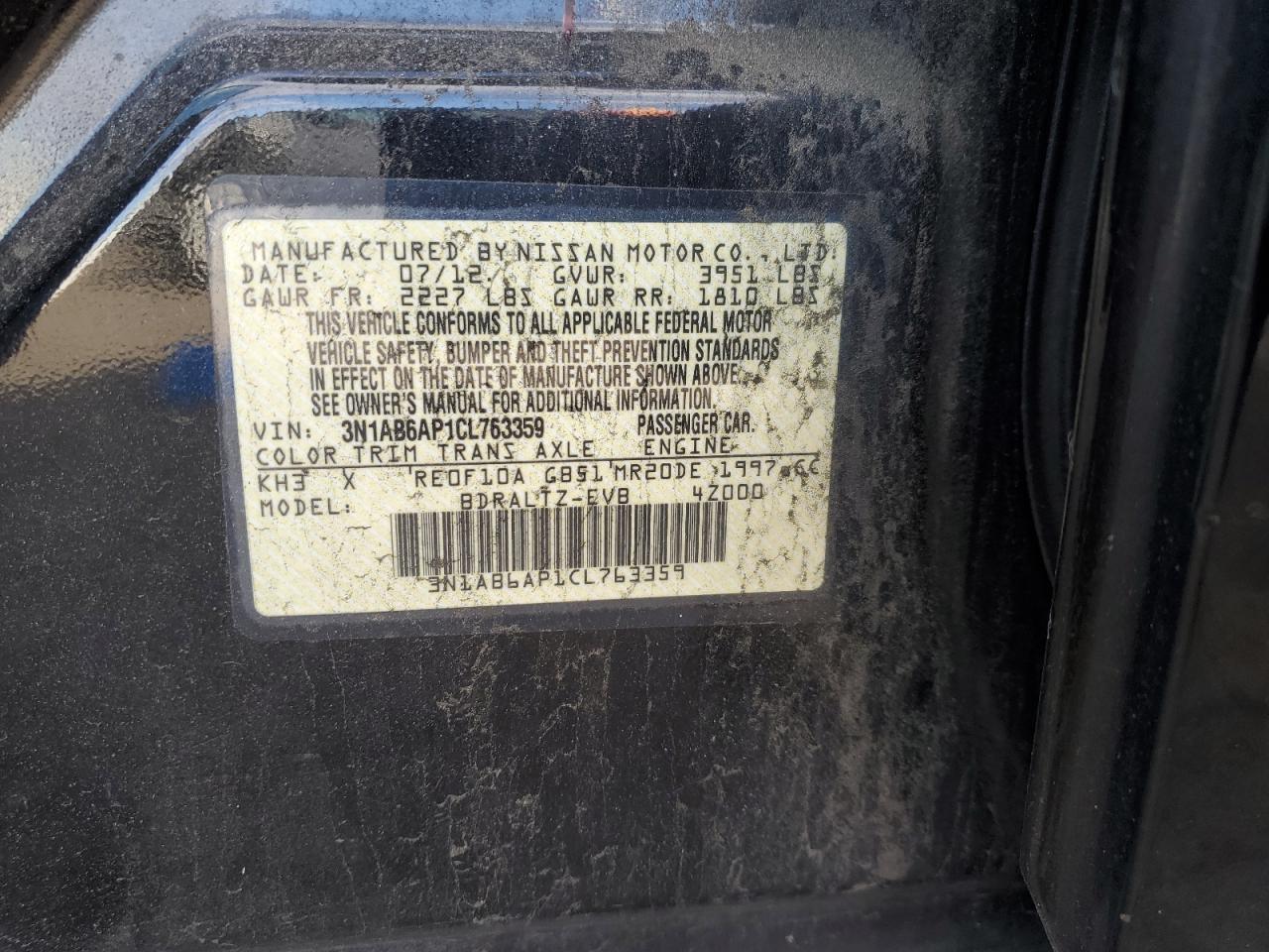 2012 Nissan Sentra VIN 3N1AB6AP1CL763359 Copart auction photo, front end damage thumbnail 13