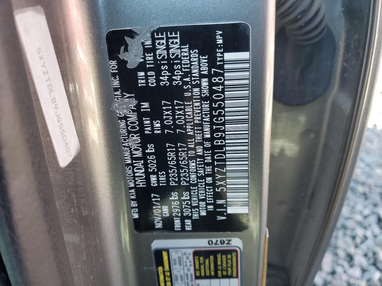 2018 Hyundai Santa Fe VIN 5XYZTDLB9JG550487 Copart auction photo, rear end damage thumbnail 12