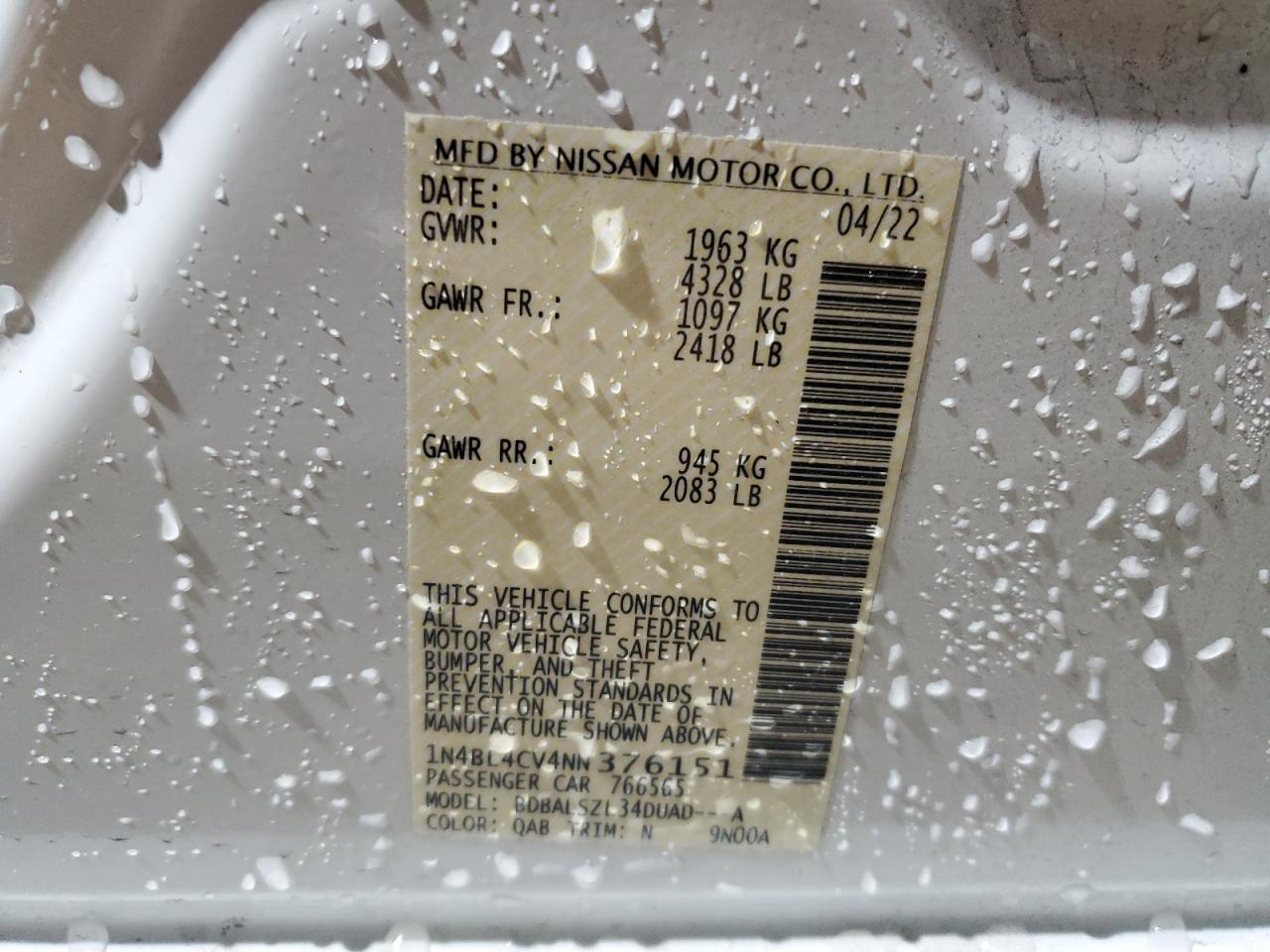 2022 Nissan Altima VIN 1N4BL4CV4NN376151 Copart auction photo, front end damage thumbnail 14