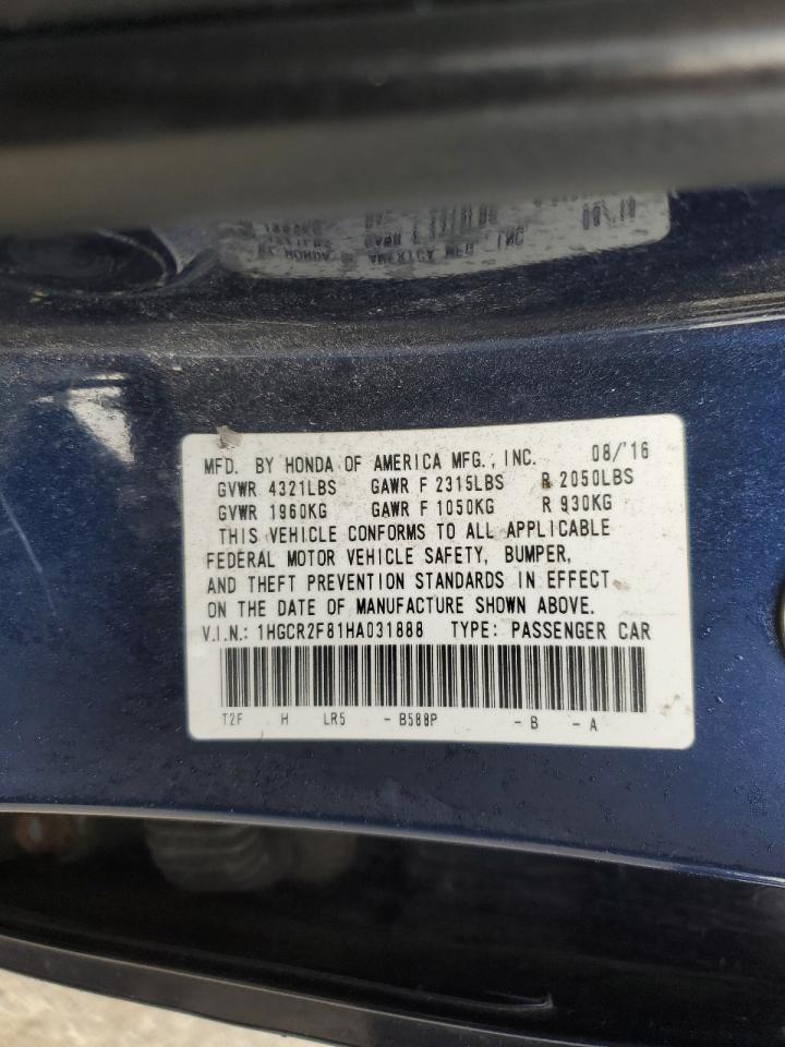 2017 Honda Accord VIN 1HGCR2F81HA031888 Copart auction photo, rollover damage thumbnail 14