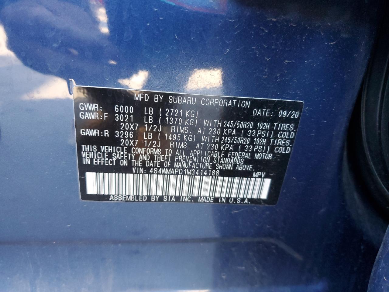 2021 Subaru Ascent VIN 4S4WMAPD1M3414188 Copart auction photo, side / rear end damage thumbnail 13