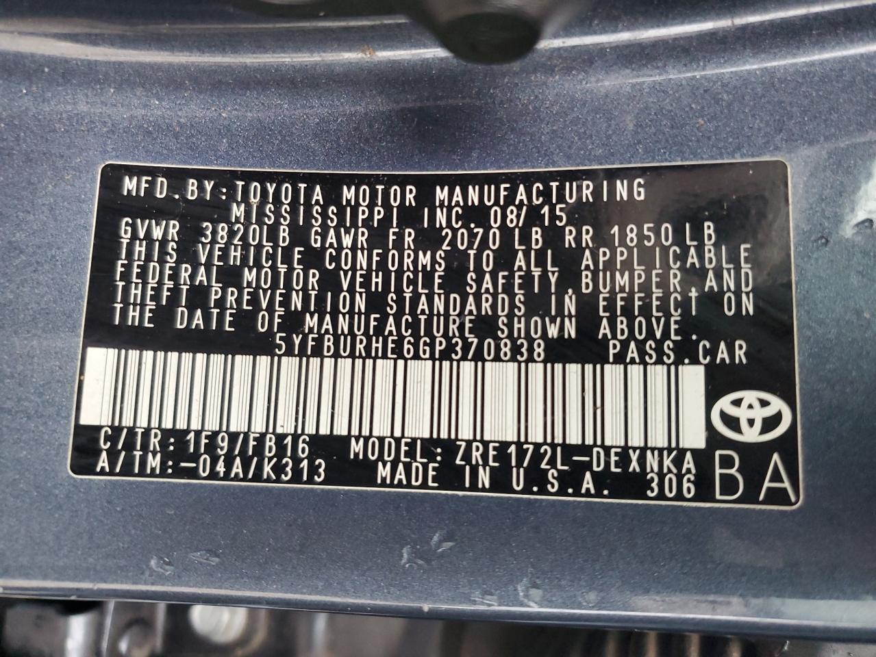 2016 Toyota Corolla VIN 5YFBURHE6GP370838 Copart auction photo, front end damage thumbnail 12
