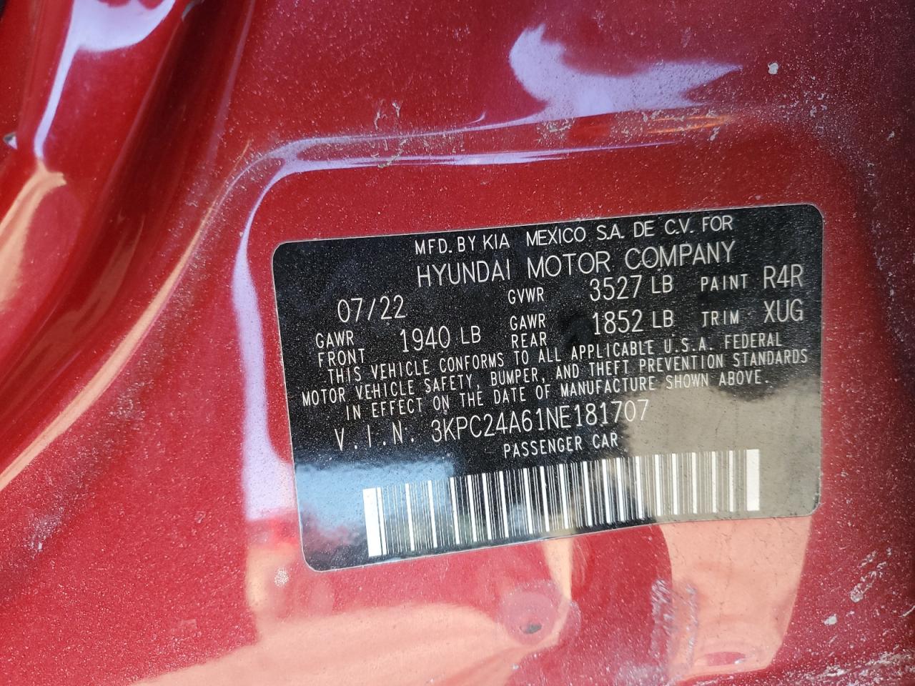 2022 Hyundai Accent VIN 3KPC24A61NE181707 Copart auction photo, side / rear end damage thumbnail 12