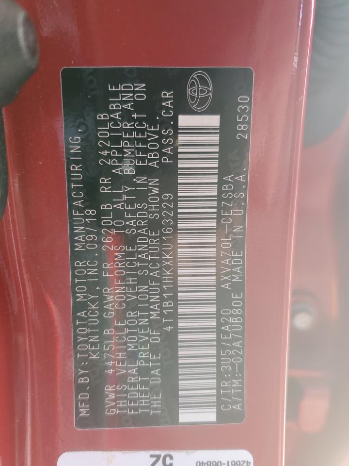2019 Toyota Camry VIN 4T1B11HKXKU163229 Copart auction photo, front end / frame damage damage thumbnail 13