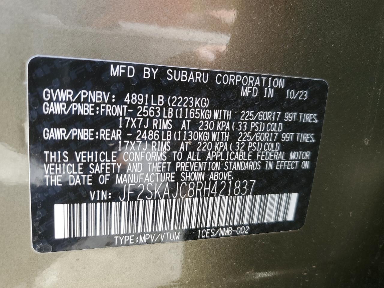 2024 Subaru Forester VIN JF2SKAJC8RH421837 Copart auction photo, front end damage thumbnail 14